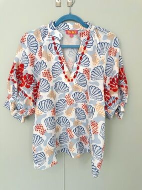 THML She Sell Seashells Embroidered Puff Sleeve Top Blouse